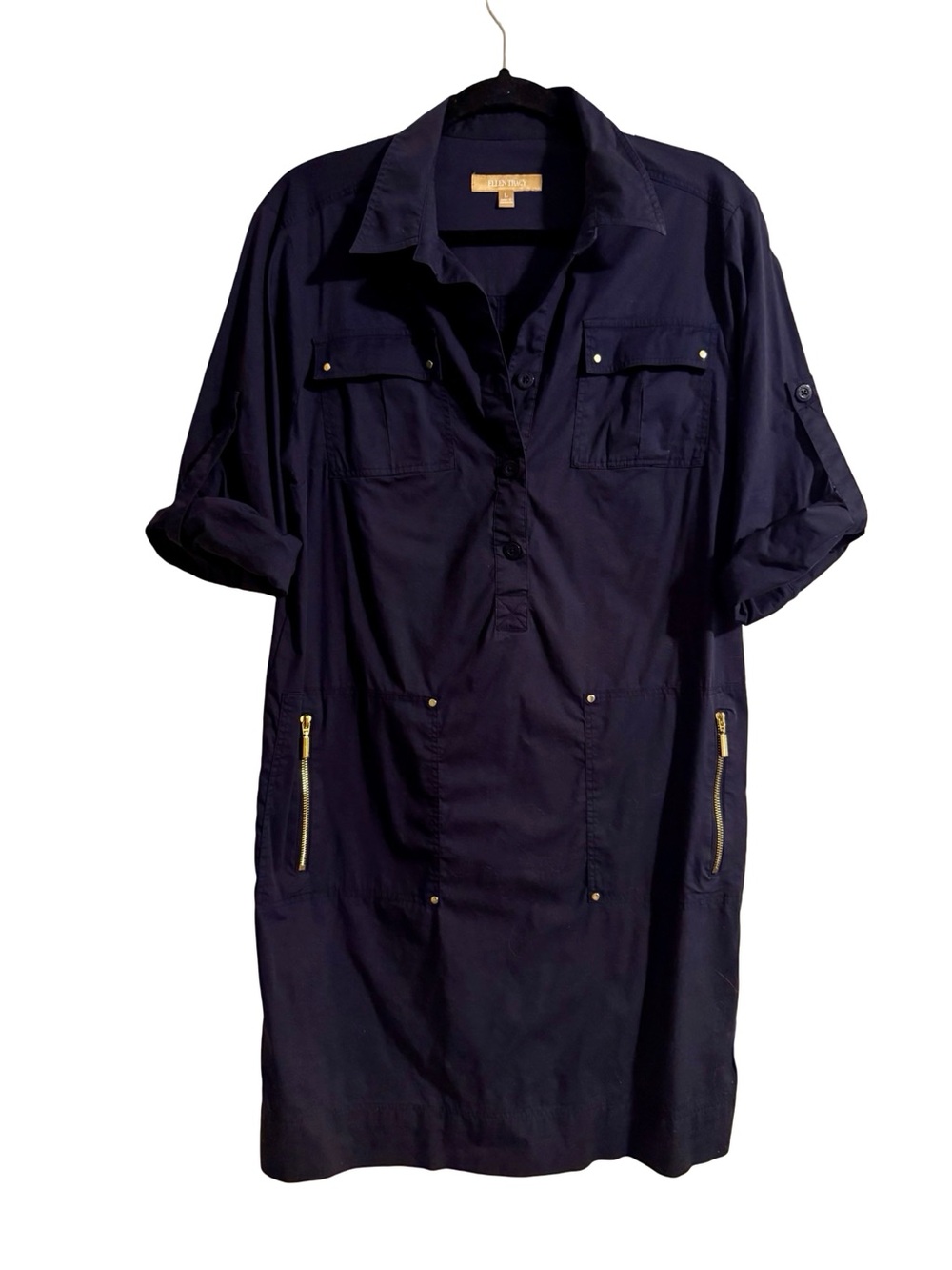 Ellen Tracy Navy Button-Front Dress Cotton Blend Long / Short Sleeve Large